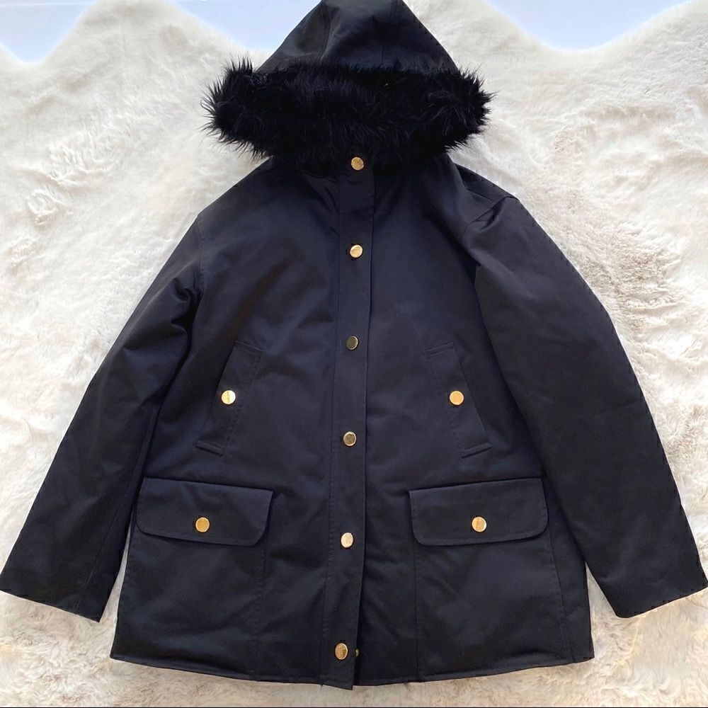 Kate Spade Winter Coat w Faux Fur Hood Black Gold Sherpa Lining Jacket Parka 0